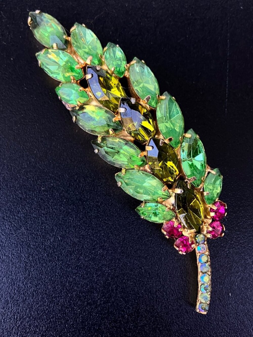 Juliana D&E Green Navette Rhinestone Leaf Brooch